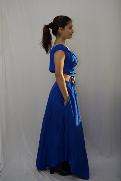 Elegant Boat Neck Crop Top & Maxi Skirt Set - Royal Blue