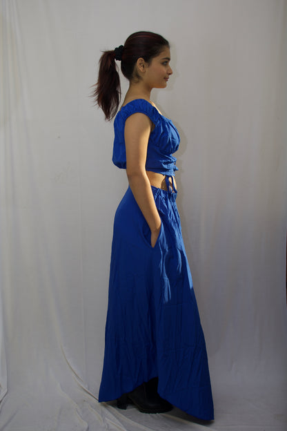 Elegant Boat Neck Crop Top & Maxi Skirt Set - Royal Blue