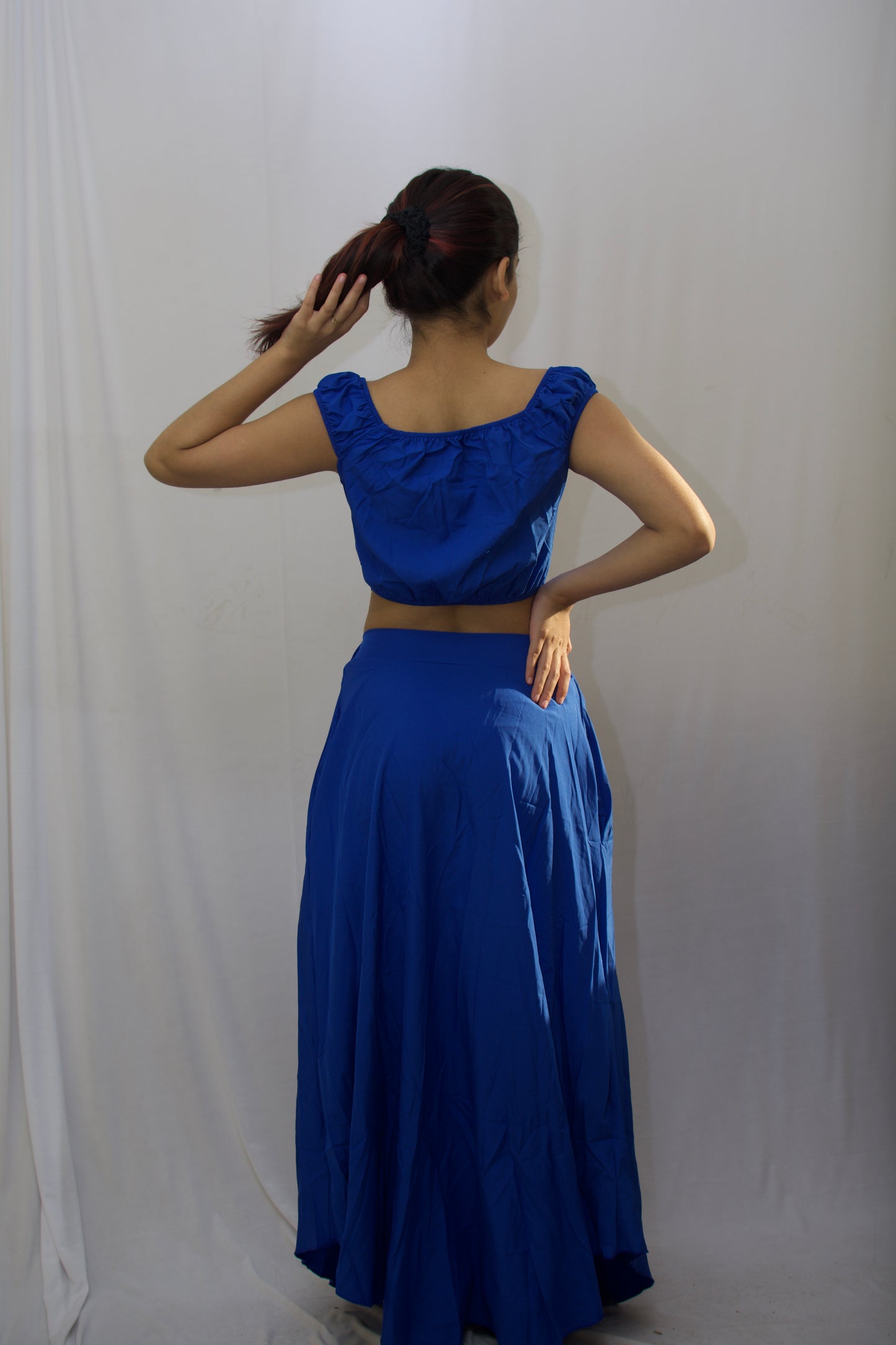 Elegant Boat Neck Crop Top & Maxi Skirt Set - Royal Blue