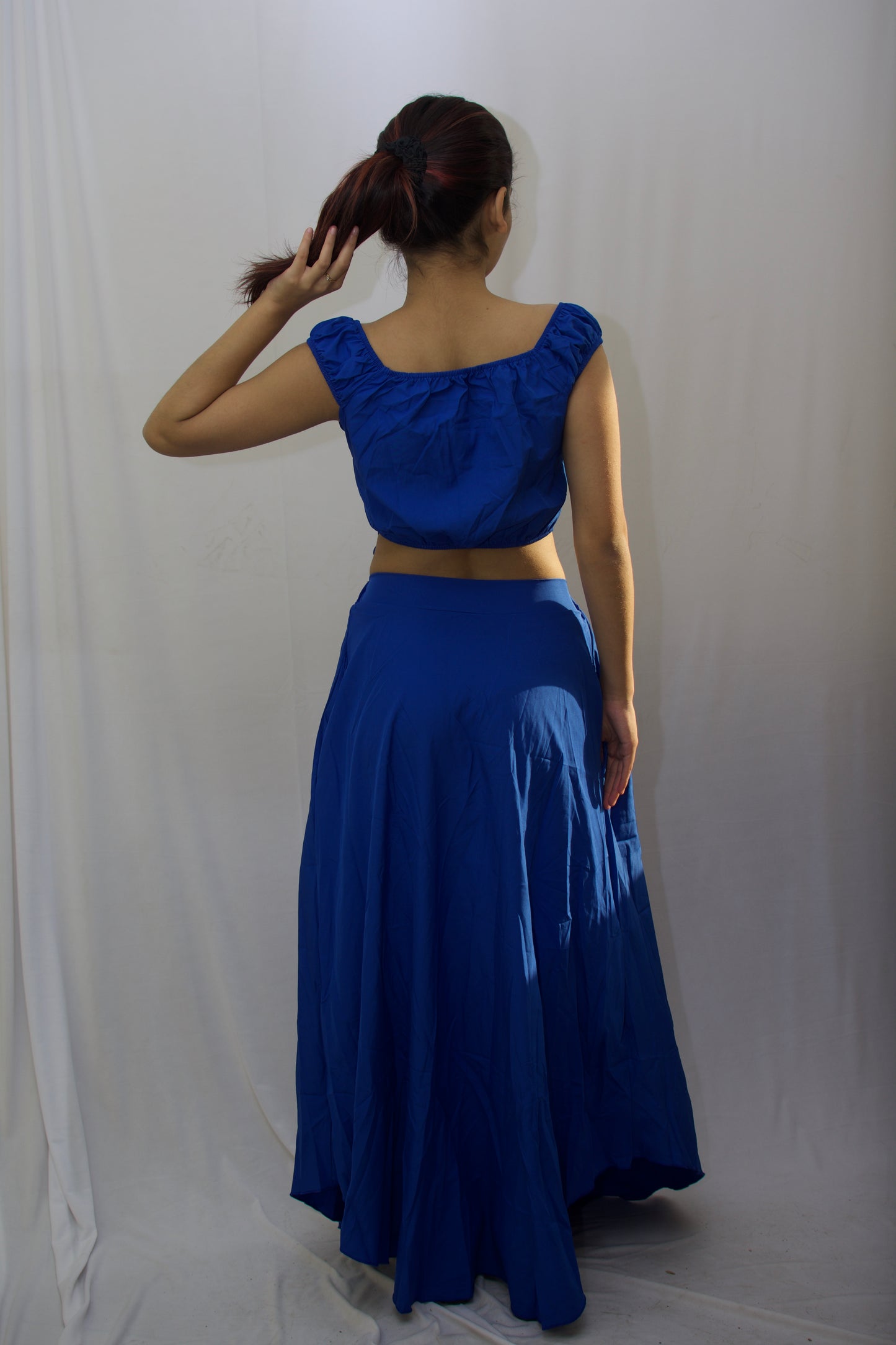 Elegant Boat Neck Crop Top & Maxi Skirt Set - Royal Blue