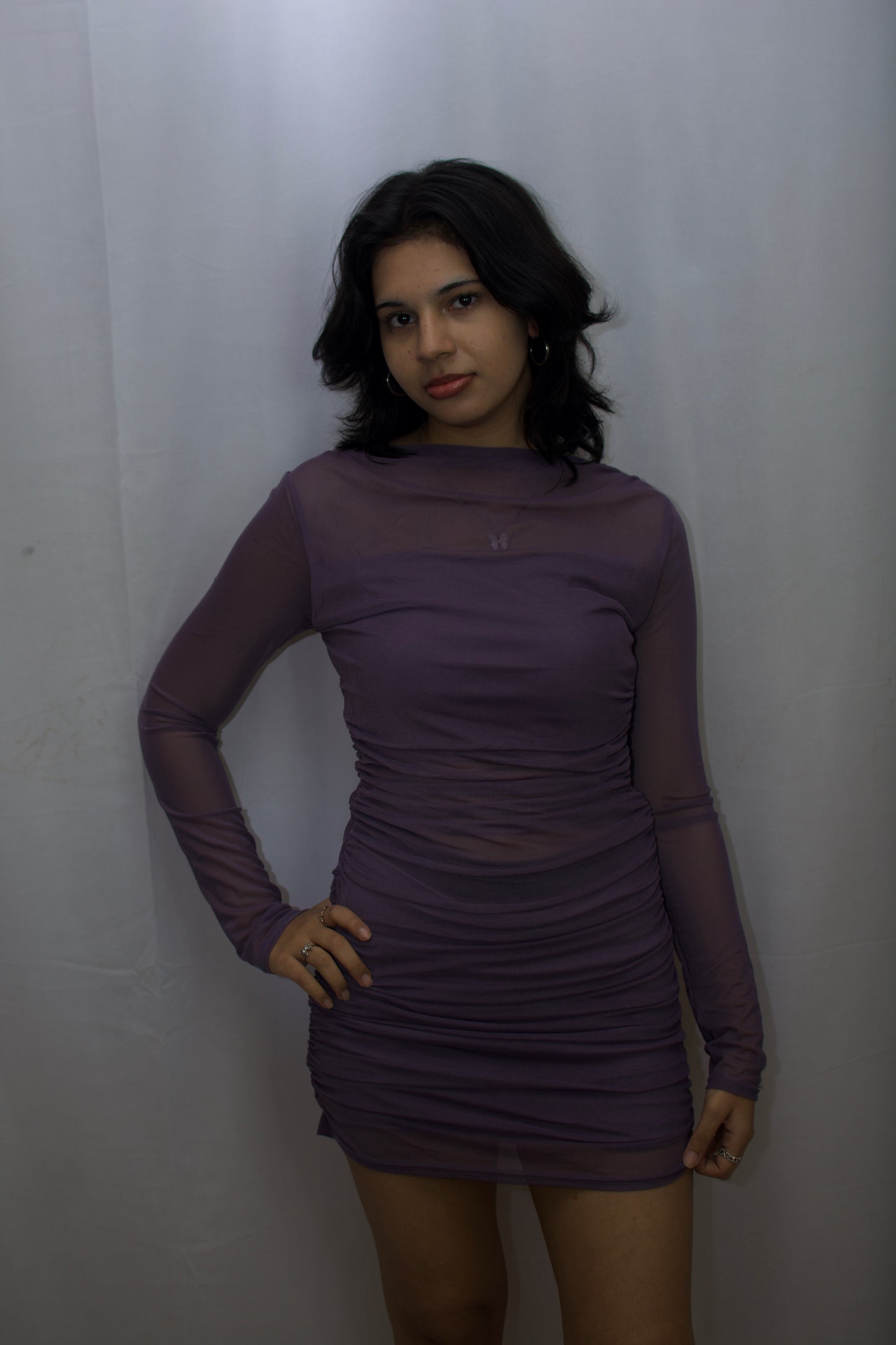 Elegant Sheer Ruched Bodycon Dress - Lavender Bliss