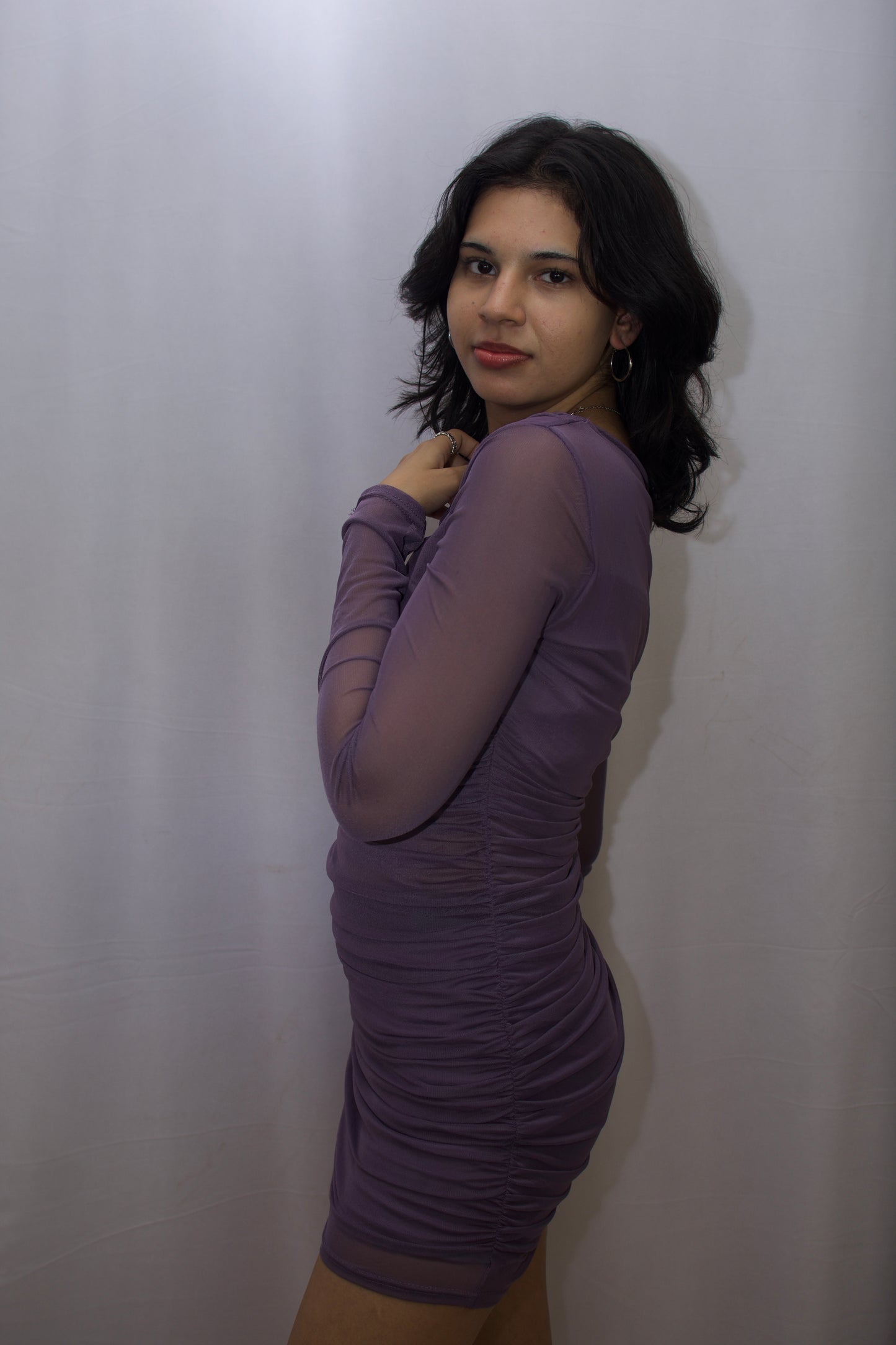 Elegant Sheer Ruched Bodycon Dress - Lavender Bliss